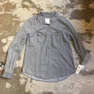 New, gray chambray, collared shirt, size S